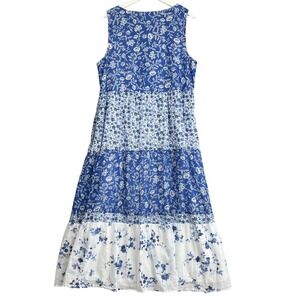 J Jill Blue White Floral Tiered Maxi Dress Sleeveless V Neck Cotton Blend